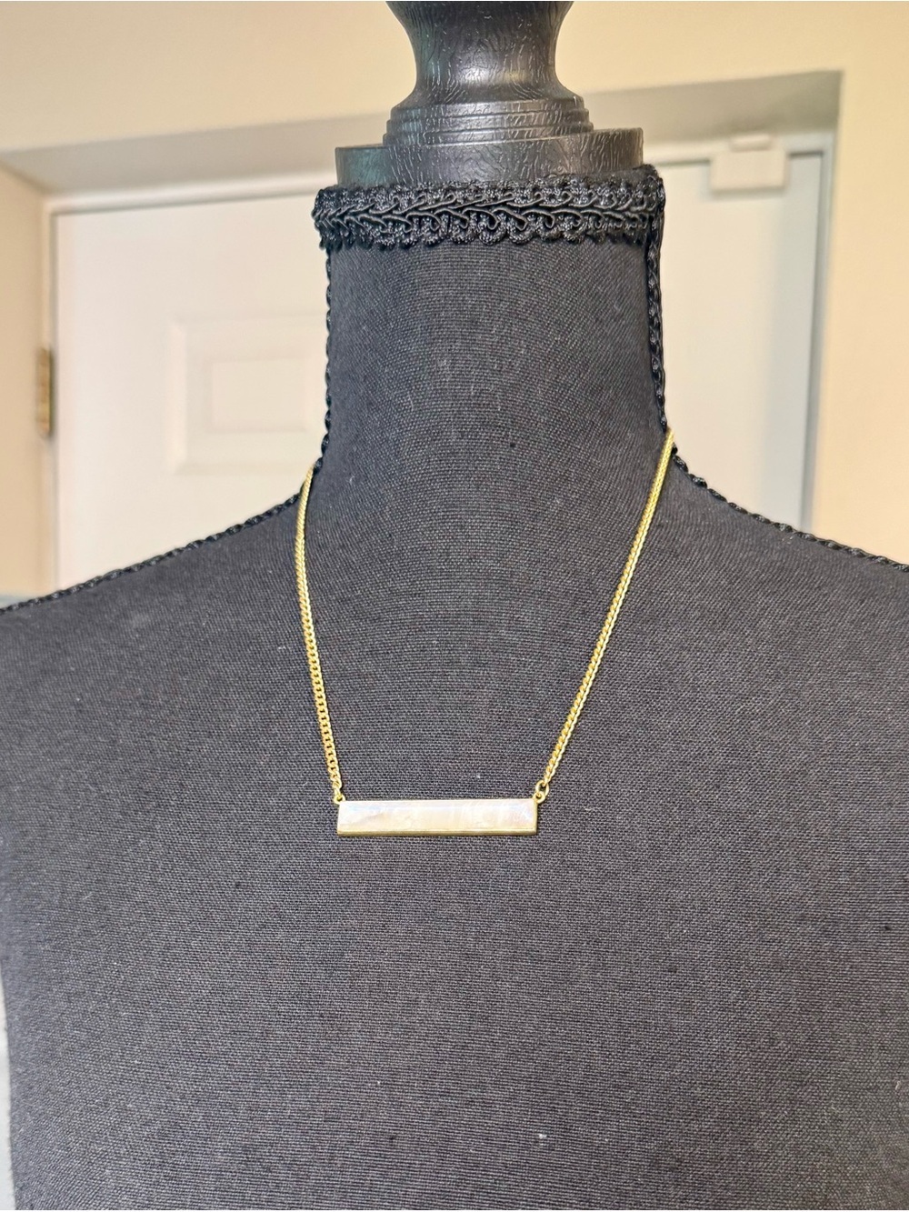 Delicate Gold Bar Necklace with White Mother-of-Pearl Inlay